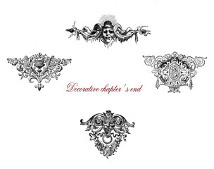 Richly decorated baroque typographic chapter's ends, mythological figure and floreal motives.