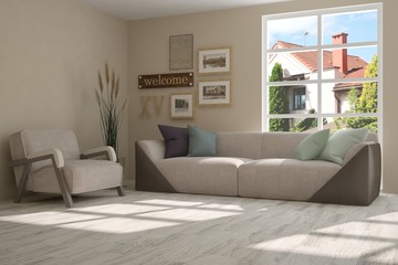 Idea of white room with sofa and summer landscape in window. Scandinavian interior design. 3D illustration