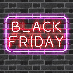 Obraz premium BLACK FRIDAY neon sign in frame isolated on brick wall. Shining and glowing neon effect. All elements are separate units with wires, tubes, brackets and holders.