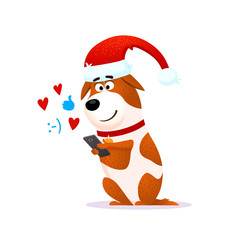 Funny cartoon dog portrait with mobile phone. Flat character in Santa Claus hat for Christmas or New Year 2018. Puppy Terrier with device isolated on white background. Christmas vector illustration.