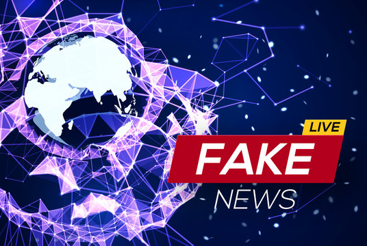 Fake News Live. World Map on Glowing Plexus Structure Background. Business Technology News Background with Earth Planet. Abstract Geometric Network with Particles and Triangles. Vector Illustration.