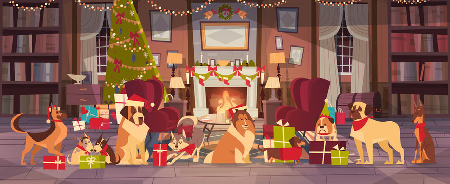 Dogs In Santa Hats In Living Room With Decorated Pine Tree, Merry Christmas And Happy New Year Holiday Poster Design Flat Vector Illustration