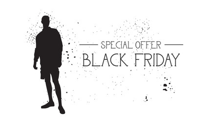 Black Friday Special Offer Banner With Grunge Rubber Fashion Model Male Silhouette On White Background Vector Illustration