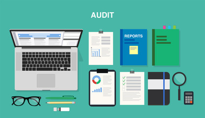 Audit, top view of a desk with a computer, notepad, documents, reports, smartphone, pens and pencils. Vector illustration in flat style, template for business