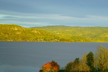 Autumn sunset at fjord, Drammen, Norway.