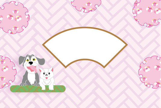 犬と猫のピンクの和風花柄の写真フレームはがきテンプレート