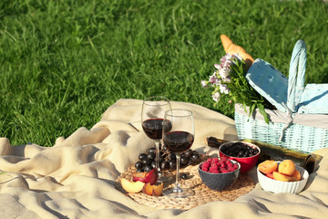 Composition with ripe fruits, wine and picnic basket on blanket outdoors