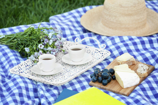 Delicious food and hot coffee for picnic on blanket