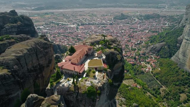Aerial shot of Meteora, a rock formation in central Greece hosting one of the largest  complexes of Eastern Orthodox monasteries