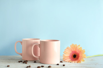 Composition with aromatic morning coffee on table
