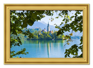 Bled lake, the most famous lake in Slovenia with the island of the church (Europe - Slovenia) - Wooden golden frame concept