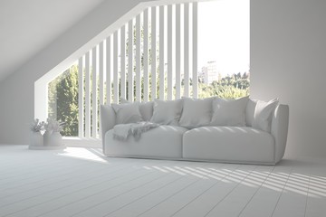 Idea of white room with sofa and summer landscape in window. Scandinavian interior design. 3D illustration