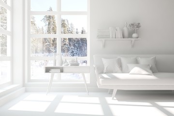 Naklejka na ściany i meble White room with sofa and winter landscape in window. Scandinavian interior design. 3D illustration