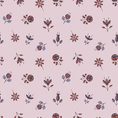 Vector seamless hand drawn pattern, decorative stylized childish flowers Doodle style, graphic illustration Ornamental cute hand drawing Series of doodle, cartoon, sketch illustrations