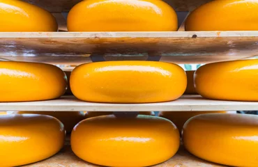 Fototapeten Large yellow rounds of gouda cheese closeup on shelves ready for market. © Brian Scantlebury