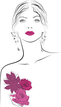 Woman hair and beauty icon. Vector illustration. Pink lips, long eyelashes, flower elements