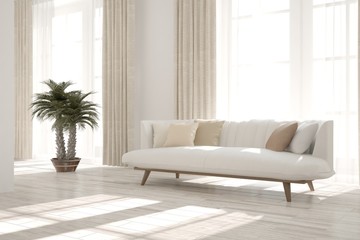 Idea of white minimalist room with sofa. Scandinavian interior design. 3D illustration