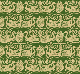 Seamless gold printed ethnic pattern. Traditional European folk motif with gees and floral arabesques, on green background. Textile print.