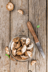 Portion of Raw Shiitake mushrooms, selective focus