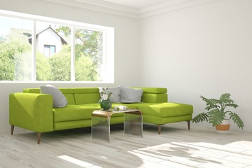 Idea of white room with sofa and summer landscape in window. Scandinavian interior design. 3D illustration