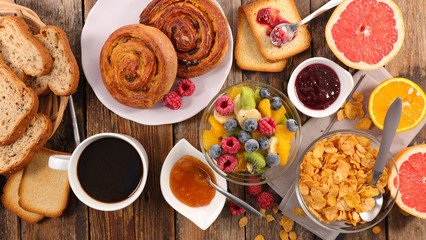 healthy breakfast with coffe,cereal and fruit