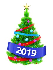 3d neon green Christmas tree with 2019 sign