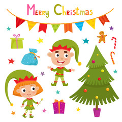 Obraz na płótnie Canvas Set of cute little Christmas elf, vector illustration isolated on white