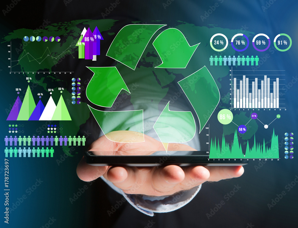 Aufkleber technology ecologic interface with world map on the background - ecology concept