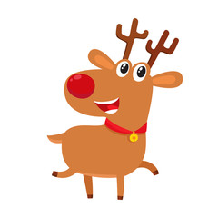 Cute cartoon reindeer with red nose, surprised facial expression, cartoon vector illustrations.