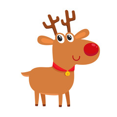 Cute cartoon reindeer with red nose, surprised facial expression, cartoon vector illustrations.