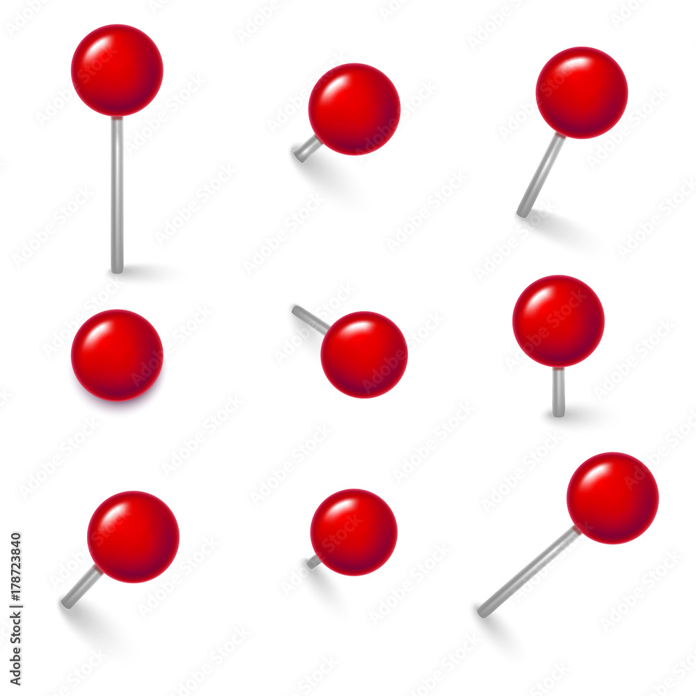 Poster realistic detailed 3d red push pins different angles set. vector