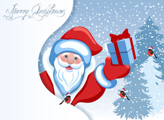 Santa Claus and poster in the form of a snowdrift for advertise discounts, sales or an invitation to celebrate Сhristmas.