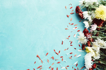 Autumn flower mix on a blue background. Tender petals concept