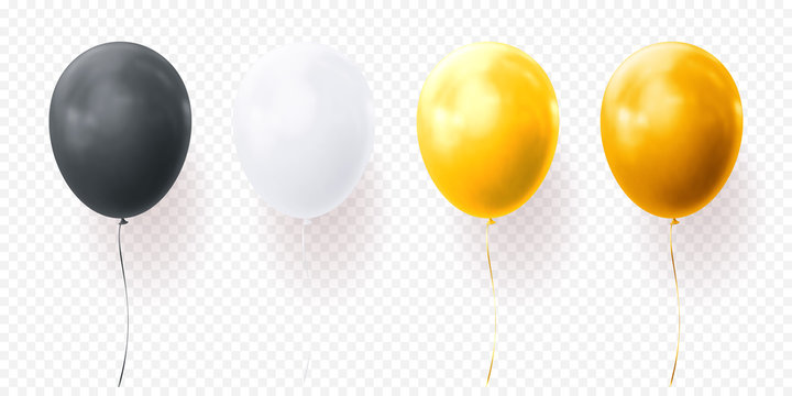 Colorful balloons vector on transparent background. Glossy realistic yellow, black and white glossy baloons for Birthday party illustration or greeting card design element