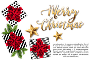 Fototapeta na wymiar Christmas card or banner with gifts boxes, red bows and fir branches on a white background. Vector illustration with golden lettering
