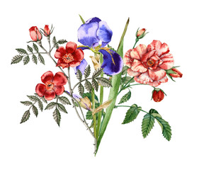 Obraz premium Bouquet of iris flowers and roses. Isolated on white background. 