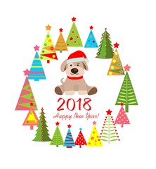 Funny childish colorful applique with paper cutting fir wreath and puppy for 2018 New year