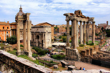 Temple of Saturn closeup at the Roman Forum at daytime, Rome, Italy