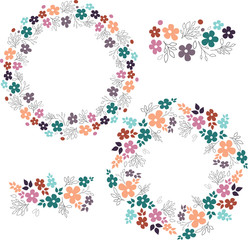 Colorful vector floral wreath collection. Brush elements included. Bright colors flowers and leaves. Suitable for greeting cards, wedding invitations, websites.