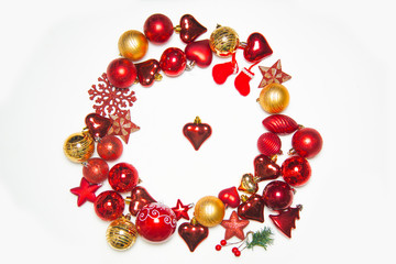 Top view on frame made of christmas decoration with new year balls on isolated white background