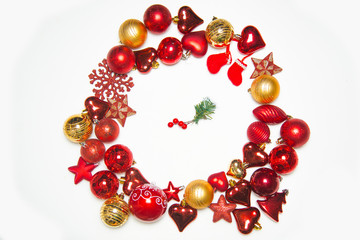 Top view on frame made of christmas decoration with new year balls on isolated white background