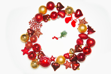 Top view on frame made of christmas decoration with new year balls on isolated white background