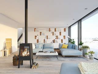 3d rendering. living room with cast iron fireplace in modern loft apartment.
