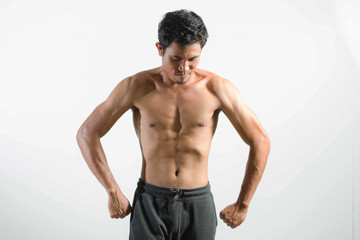 Obraz premium Asian man fitness torso muscle strength isolated on white background 