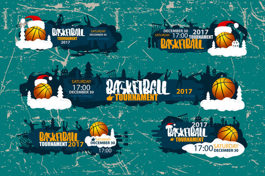 Vector illustration for basketball. Set of sports designs for the new year and Christmas, grunge, retro, hand drawing. Brush element, ink, dirty. EPS file is layered.
