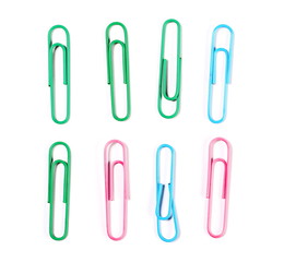 Colorful paper clips isolated on a white background, top view