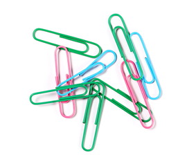 Colorful paper clips isolated on a white background, top view