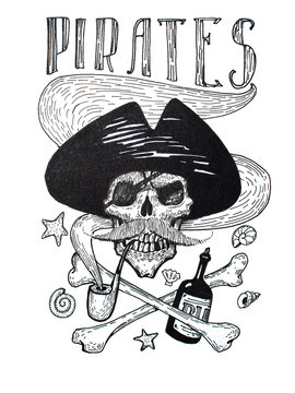 Black-and-white drawing of pirates attributes composition: skull, mustache, anchor, rum and bones