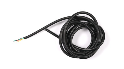 Black damaged, cut cable isolated on white background