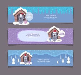 Christmas dog winter banners, gift, cartoon. Children's illustration.
